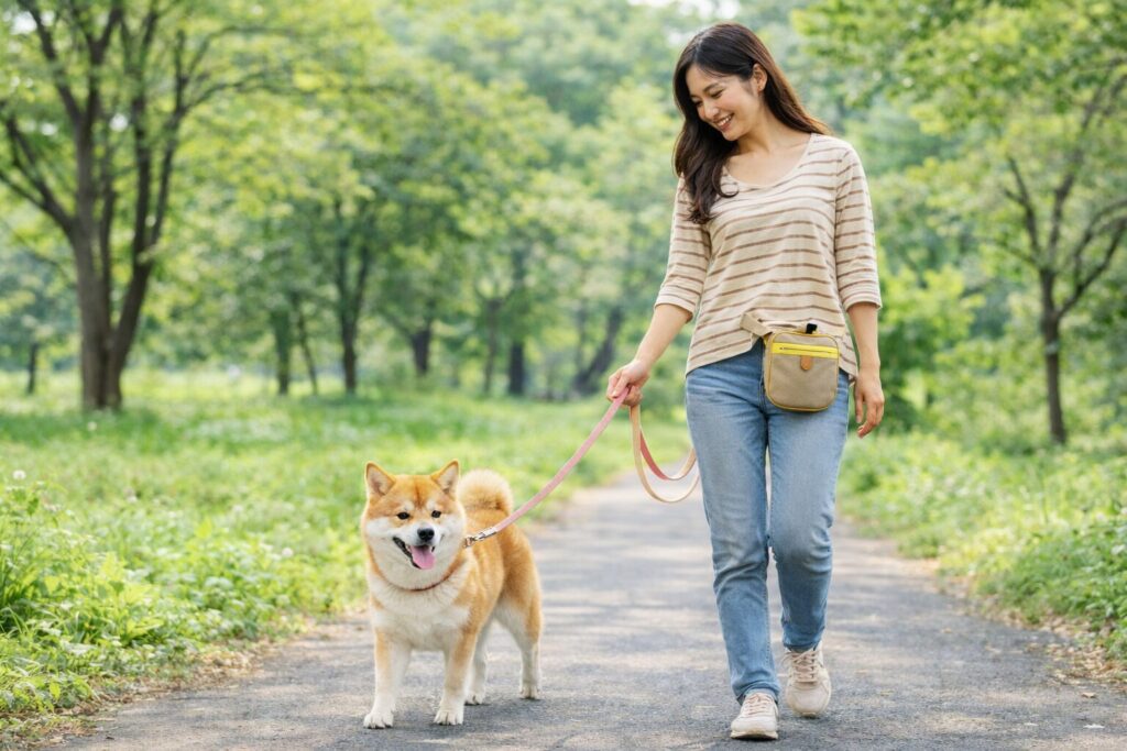 自然の公園で日本人女性が柴犬と散歩し、生活リズムを整えるイメージの写真風ビジュアル
