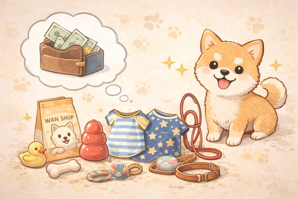 犬のおもちゃや洋服など後回しでもよい用品を示したイラスト