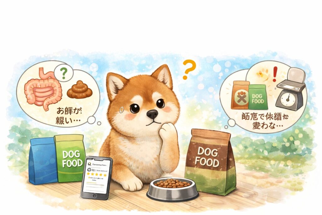 ドッグフードを前にして首をかしげる柴犬のイラスト