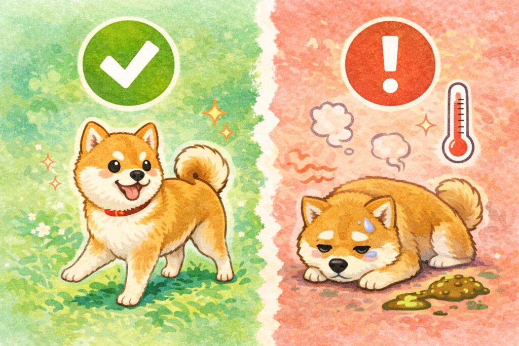 元気な柴犬（OK）とぐったりした柴犬（注意）を左右で比較した分かりやすいイラスト