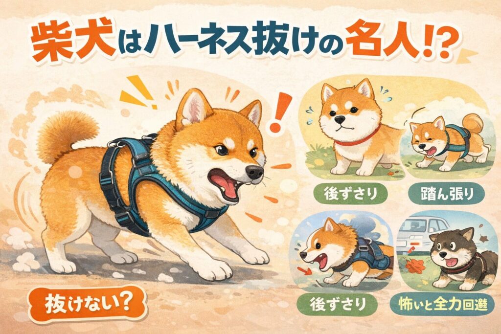 柴犬が後ずさりや踏ん張りでハーネスを抜けようとする理由をイラストで解説した画像