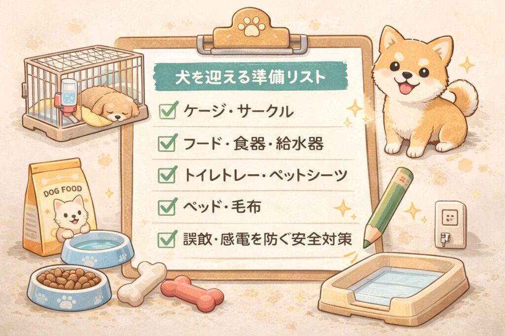 犬を迎えるために必要なケージやフード、トイレ用品をまとめた準備リストのイラスト