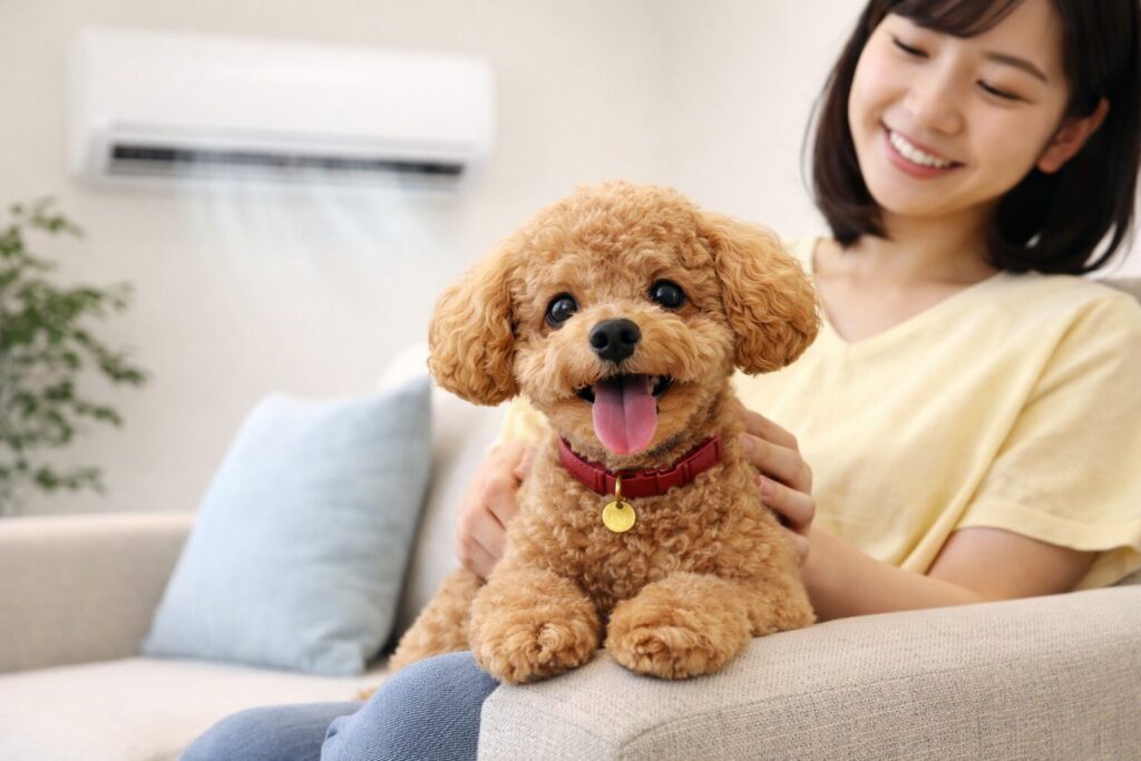 エアコンの効いた室内で、日本人女性に抱かれて涼しそうに過ごすトイプードル