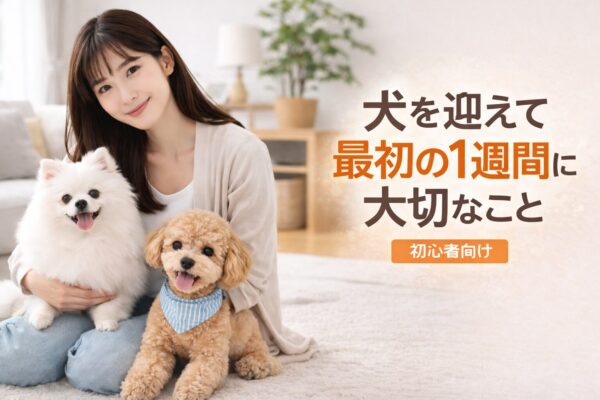 犬を迎えて最初の1週間をテーマに、日本人女性と白ポメラニアン、アプリコットプードルが写るアイキャッチ画像