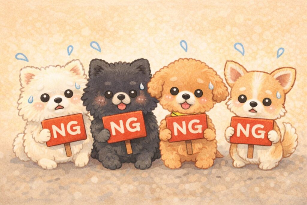 白ポメラニアン・黒ポメラニアン・トイプードル・チワワがNG札を持って並んでいる初心者向け注意点のゆるかわイラスト