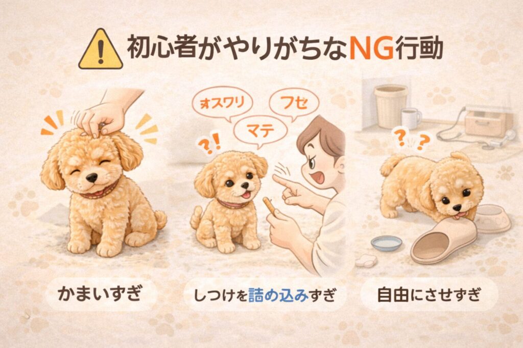 犬を迎えて最初の1週間に初心者がやりがちなNG行動を示したイラスト