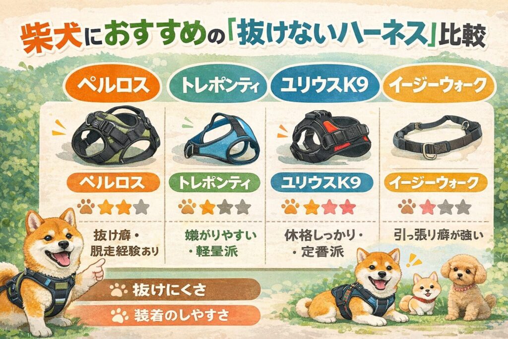 ペルロス、トレポンティ、ユリウスK9、イージーウォークを柴犬向けに比較した一覧イラスト