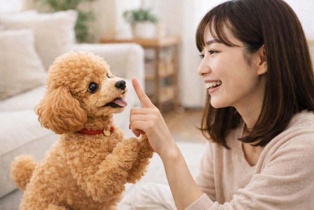 日本人女性と向き合って遊ぶアプリコットトイプードルの様子