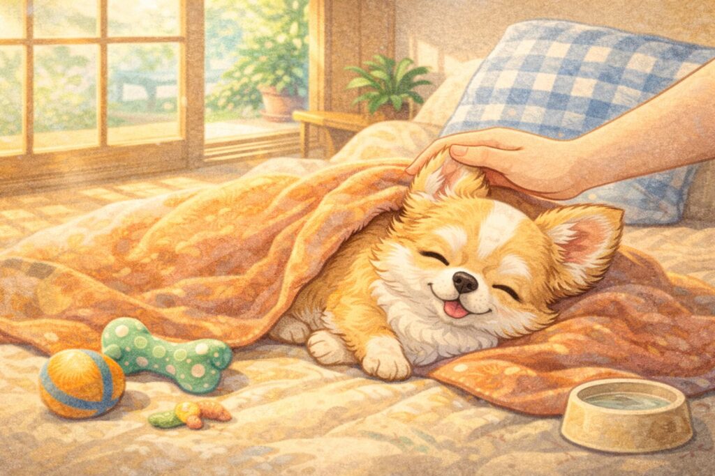 毛布の上でリラックスして眠るチワワのイラスト