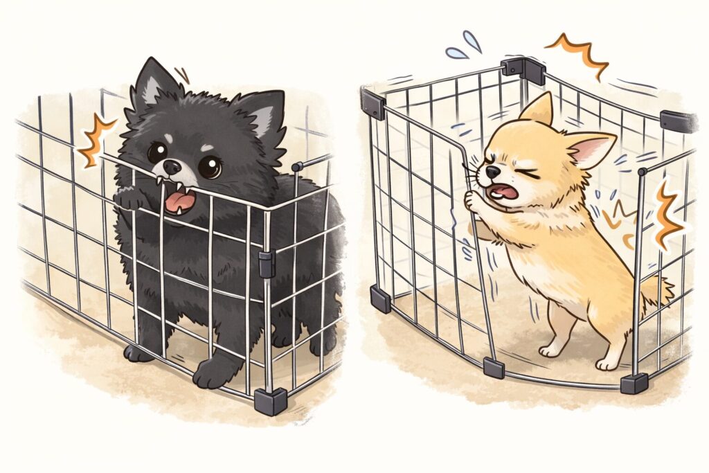 ワイヤーネットを噛む黒ポメラニアンと、体当たりするチワワを描いたDIYケージの危険性を表すイラスト