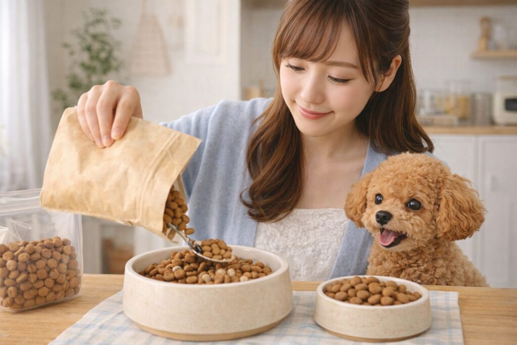 トイプードルのためにドッグフードを少しずつ混ぜている様子