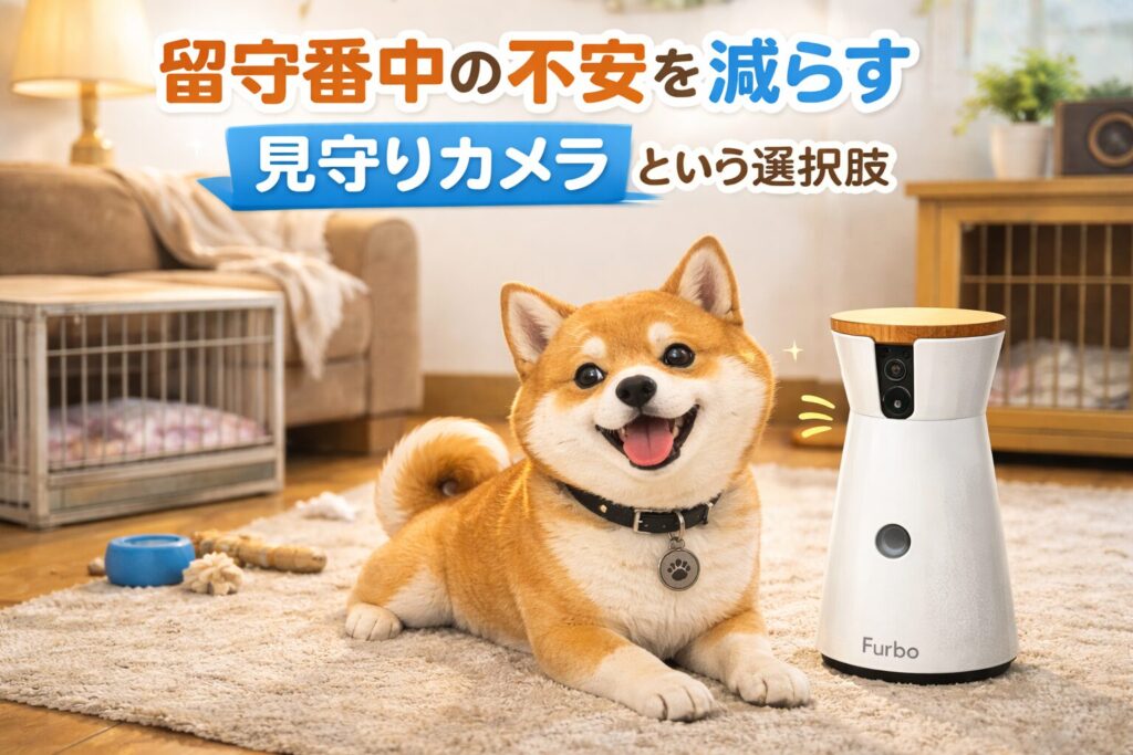 留守番中に見守りカメラのそばで落ち着いて過ごす柴犬