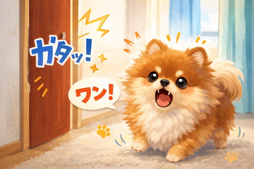 警戒心から吠えるポメラニアンを表現したイラスト