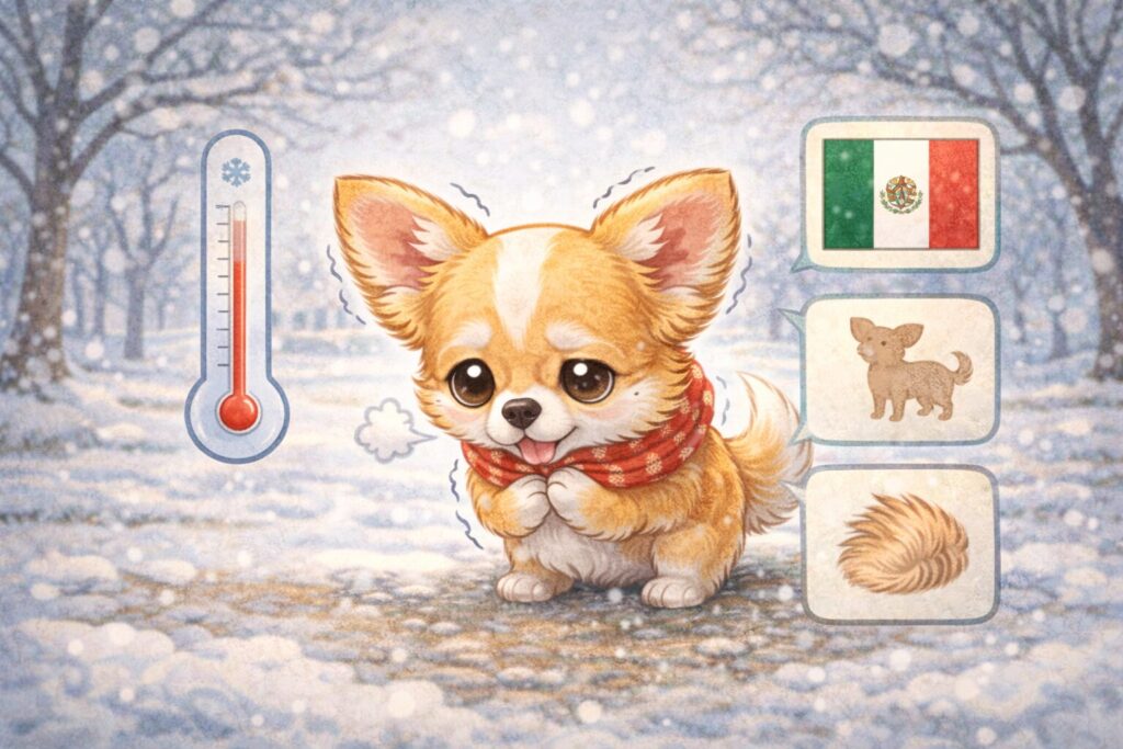 寒さを感じて丸まっているチワワの様子を表したイラスト
