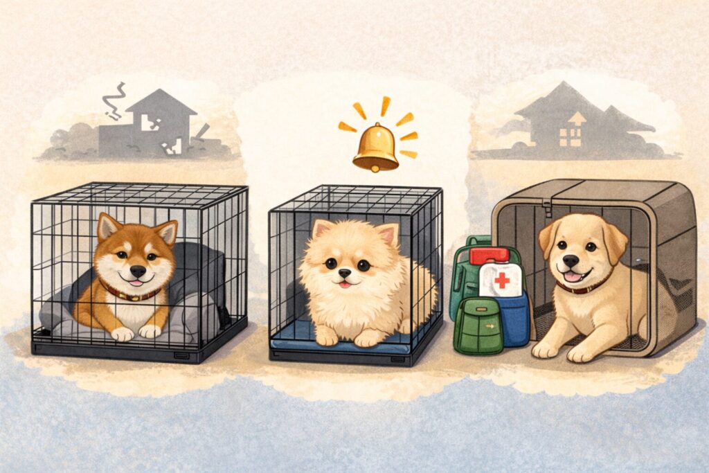 ケージで落ち着いて過ごす柴犬とポメラニアン、災害用品が描かれたイラスト