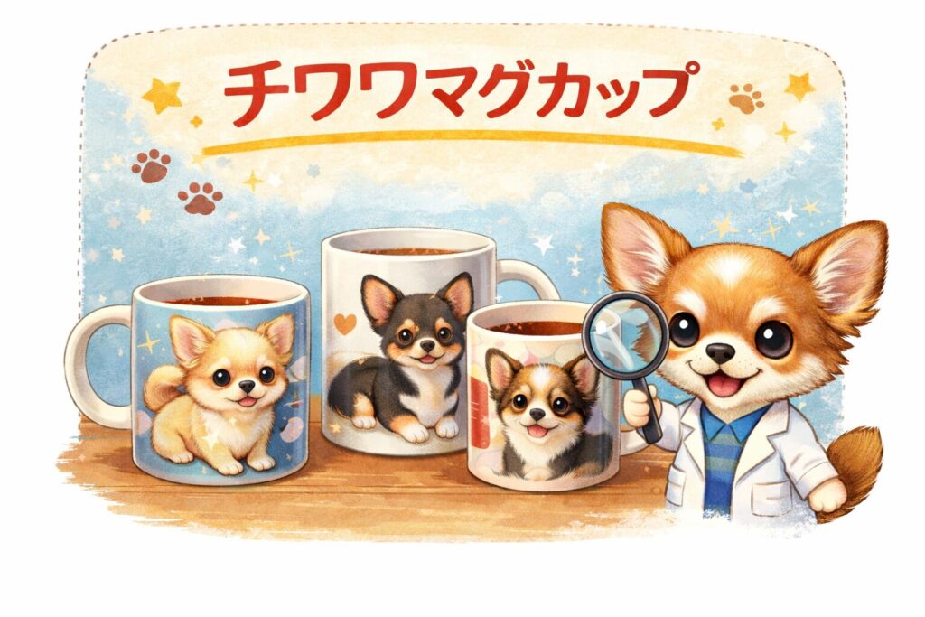 チワワ柄のマグカップを比較して選び方を解説するイラスト