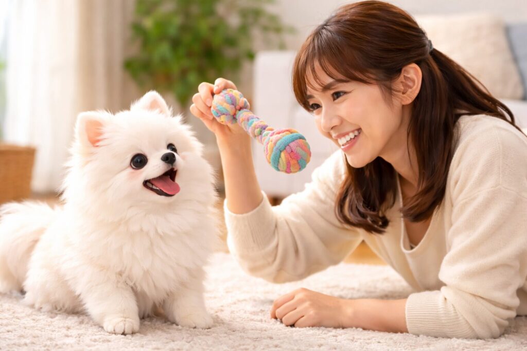 日本人女性と一緒に遊ぶポメラニアンの室内シーン