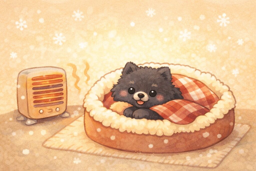 暖房のそばでふかふかのベッドに入っている黒ポメラニアンの冬の寒さ対策イラスト