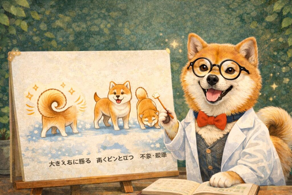 しっぽの位置が異なる柴犬の様子を描いた感情表現のイラスト