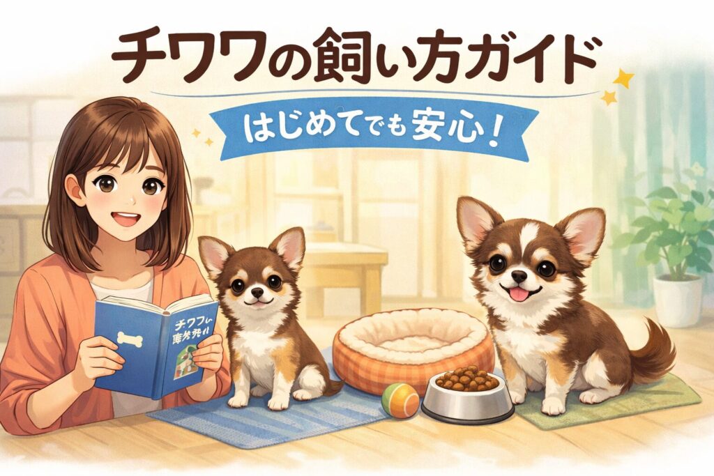 チワワ初心者向けに、室内で日本人女性とチワワが安心して過ごすイラスト