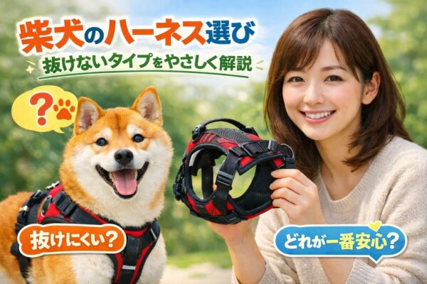 柴犬と日本人女性がハーネスを持ち、安心できるハーネス選びを紹介するアイキャッチ画像