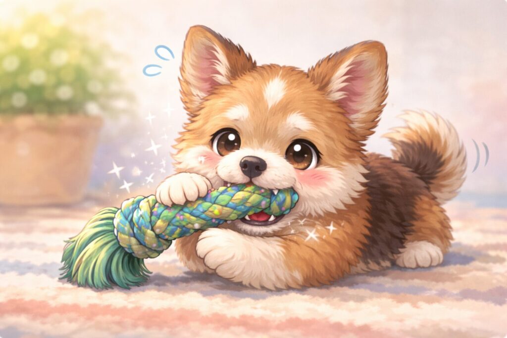 歯の生え変わりでおもちゃを噛んでいる子犬のイラスト