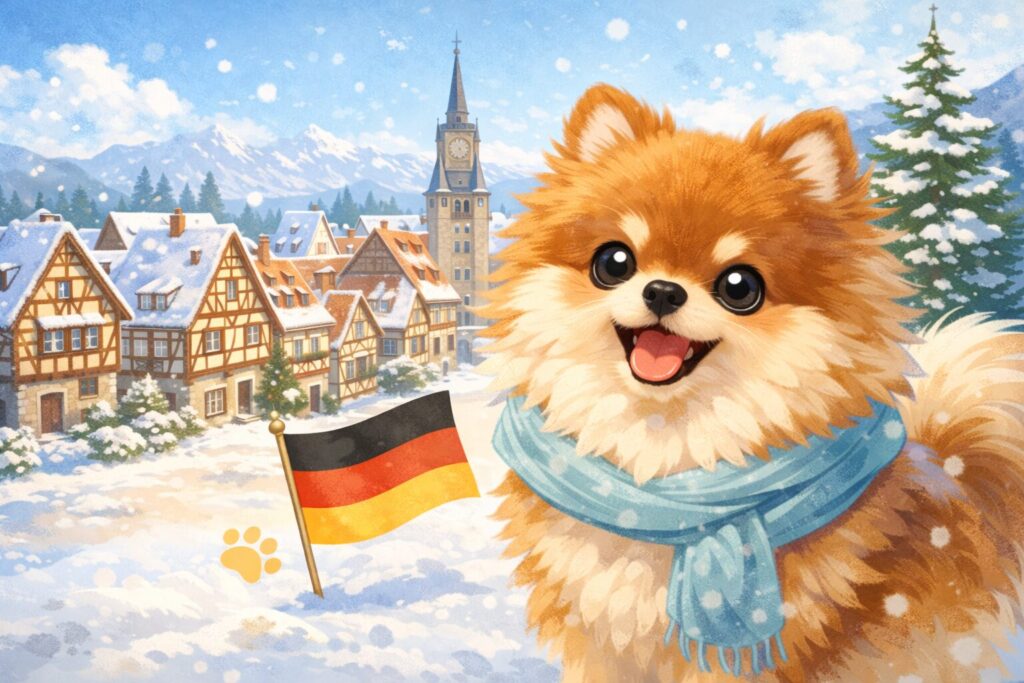 ドイツの街並みとポメラニアンの原産国イメージイラスト