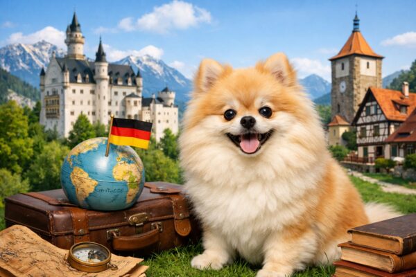 ドイツの風景とともに写るポメラニアン。ポメラニアンの原産国がドイツであることを表したアイキャッチ画像