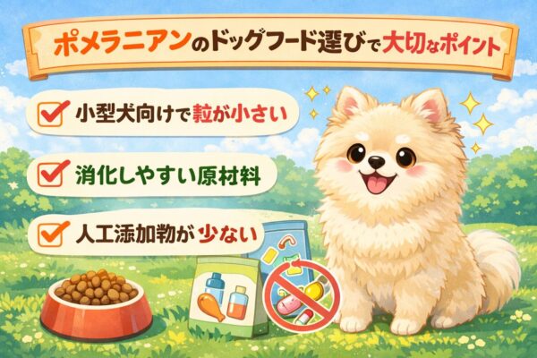 ドッグフードの選び方を考えるポメラニアンのイラストアイキャッチ画像