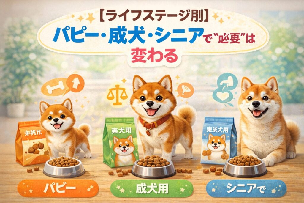 子犬・成犬・シニアの柴犬がそれぞれのフードを前に並ぶ実写イメージ