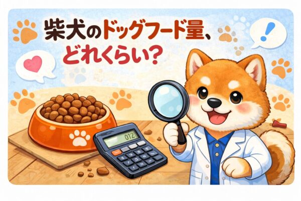 ドッグフードの量を調べる白衣姿の柴犬イラスト。フードボウルと電卓を前に考えている様子。