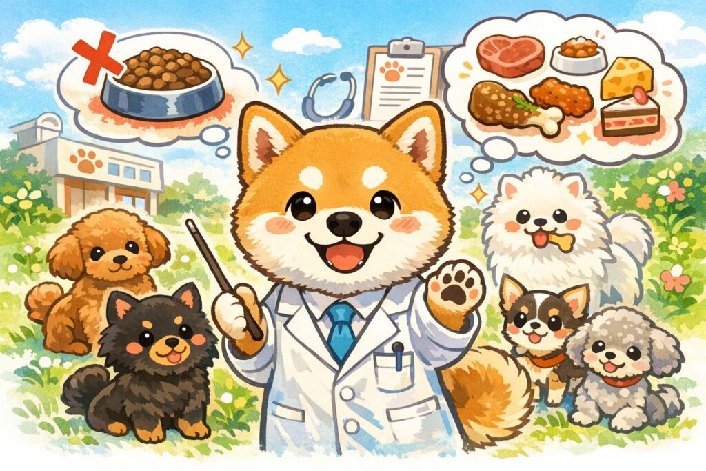 白衣の柴犬研究員と小型犬たちが、偏食の原因と対策を示しているイラスト