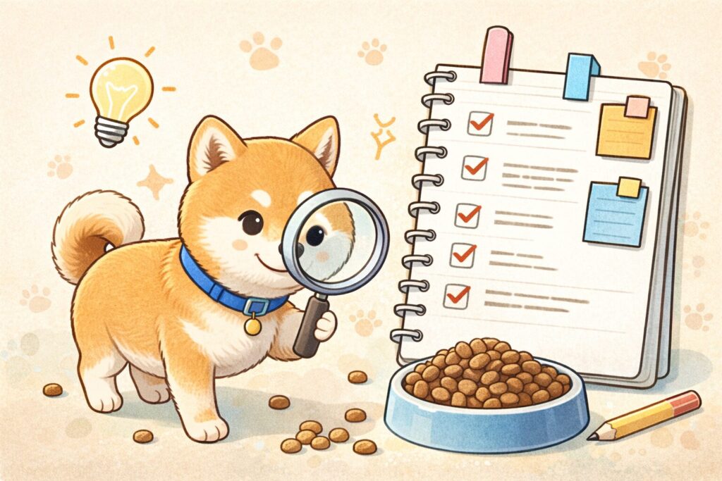 虫眼鏡でカリカリを観察する可愛い柴犬とチェックリストのイラスト