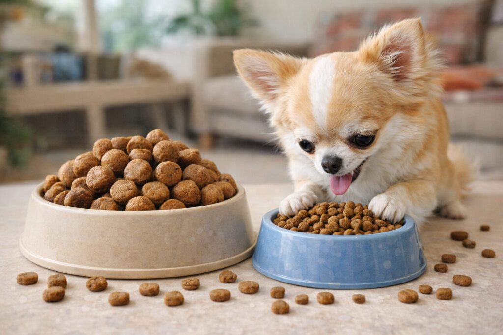 大きなフード皿と小さなフード皿の前で迷うチワワの実写写真
