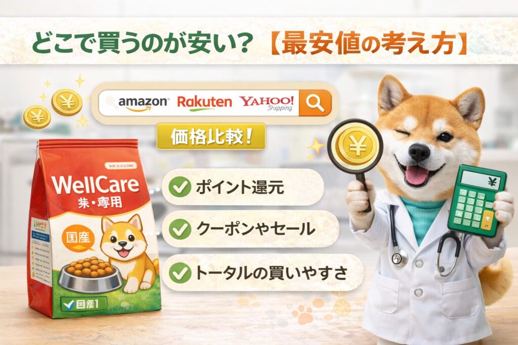 ウェルケア柴専用ドッグフードの価格を比較する柴犬研究員のイラスト