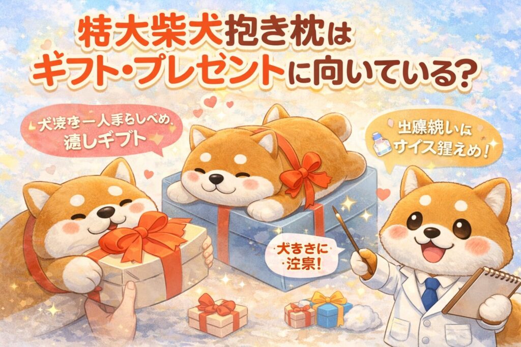 プレゼント用にラッピングされた特大柴犬抱き枕のイラスト