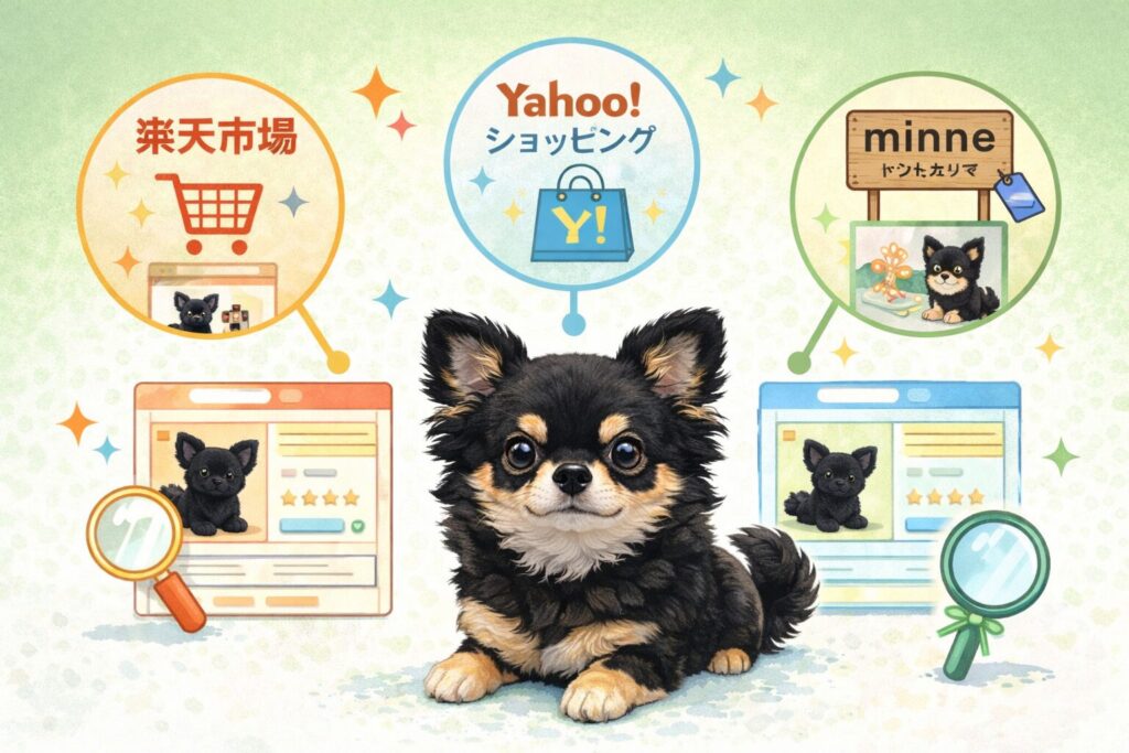 検索しながらぬいぐるみを探すイメージのイラスト