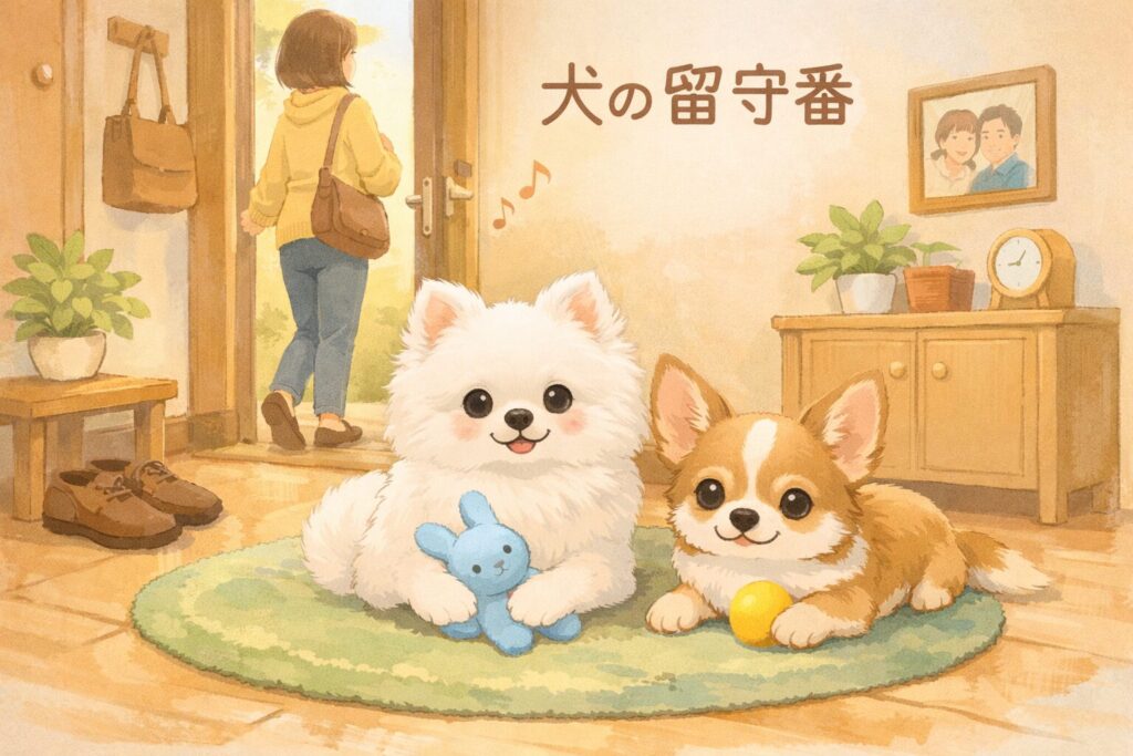 留守番中も落ち着いて過ごす小型犬たちのイラスト