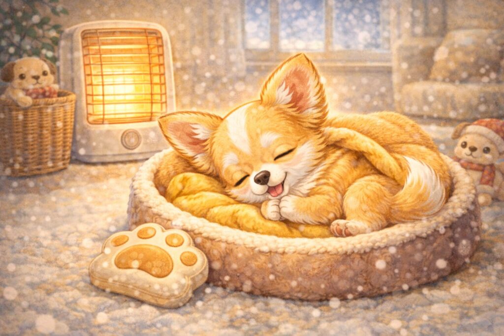 暖かい室内でリラックスして眠るチワワのイラスト
