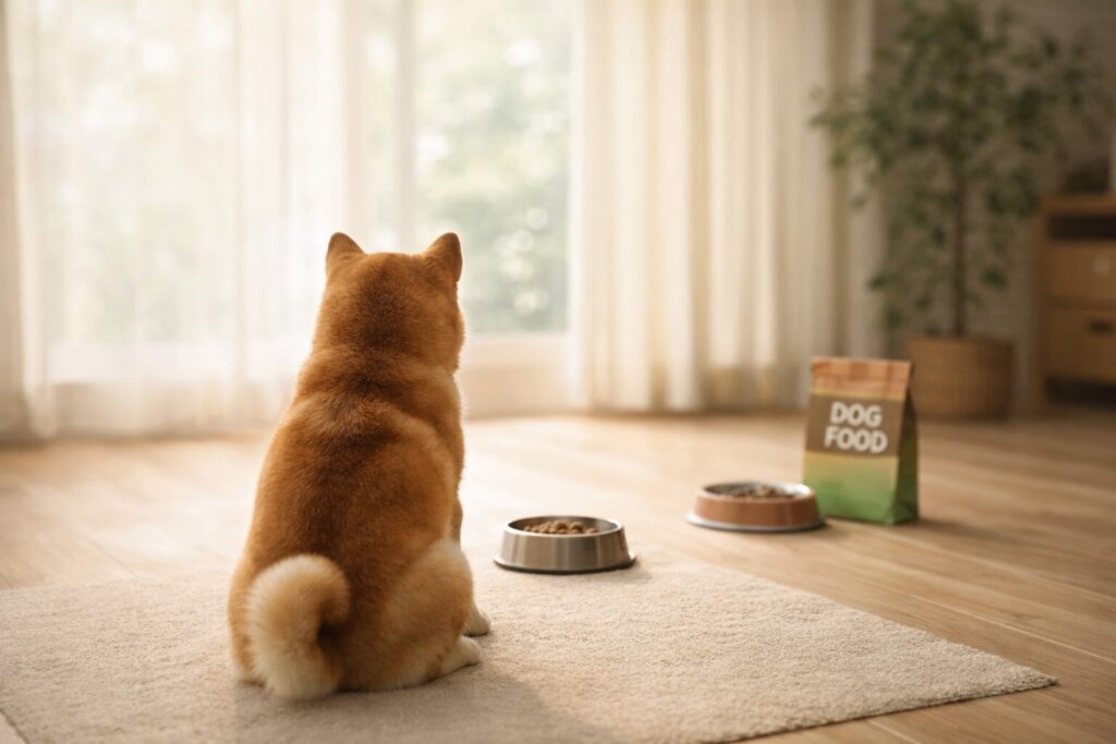 自然光の差し込む室内で、ドッグフードの前に座って考えている柴犬