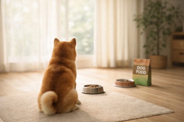 自然光の差し込む室内で、ドッグフードの前に座って考えている柴犬