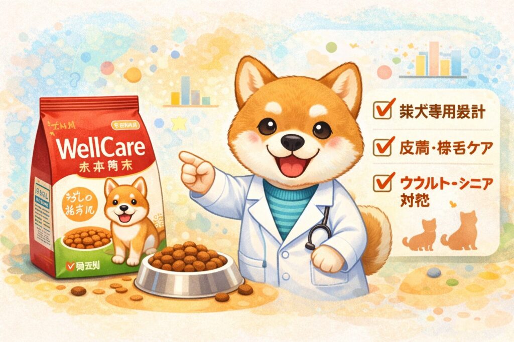 ウェルケア柴専用ドッグフードの特徴を紹介する、研究員姿の柴犬イラスト