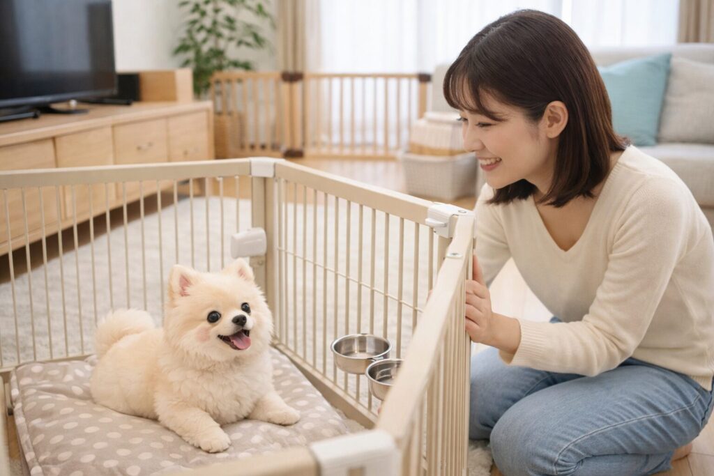 サークル内で子犬と向き合う日本人女性の室内写真