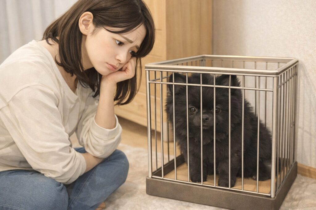 狭いケージで困った様子の黒ポメラニアンと心配そうな日本人女性の写真