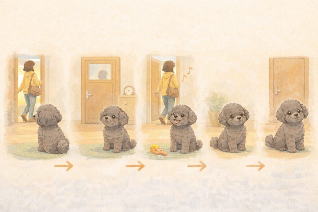 留守番に慣れていく犬の様子を段階的に描いたイラスト