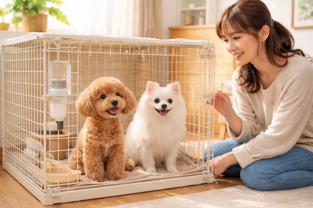 ワイヤーネットで手作りした犬用ケージとトイプードル、白ポメラニアンを見守る日本人女性