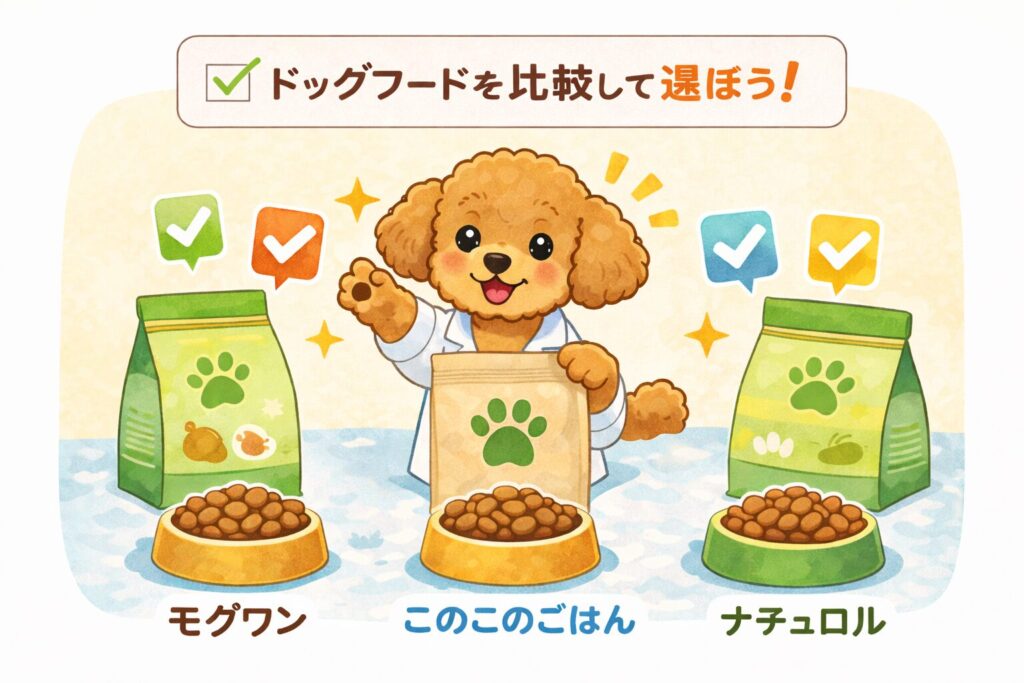 モグワン・このこのごはん・ナチュロルを比較するトイプードルのイラスト