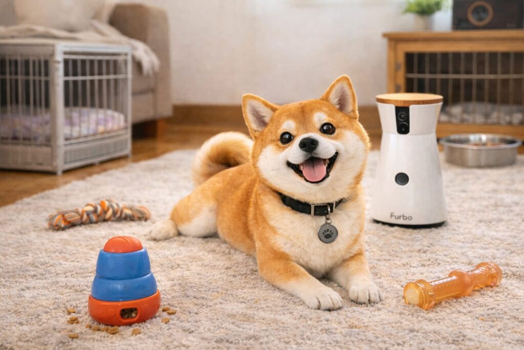 ケージとおもちゃ、見守りカメラのある環境で安心して過ごす柴犬