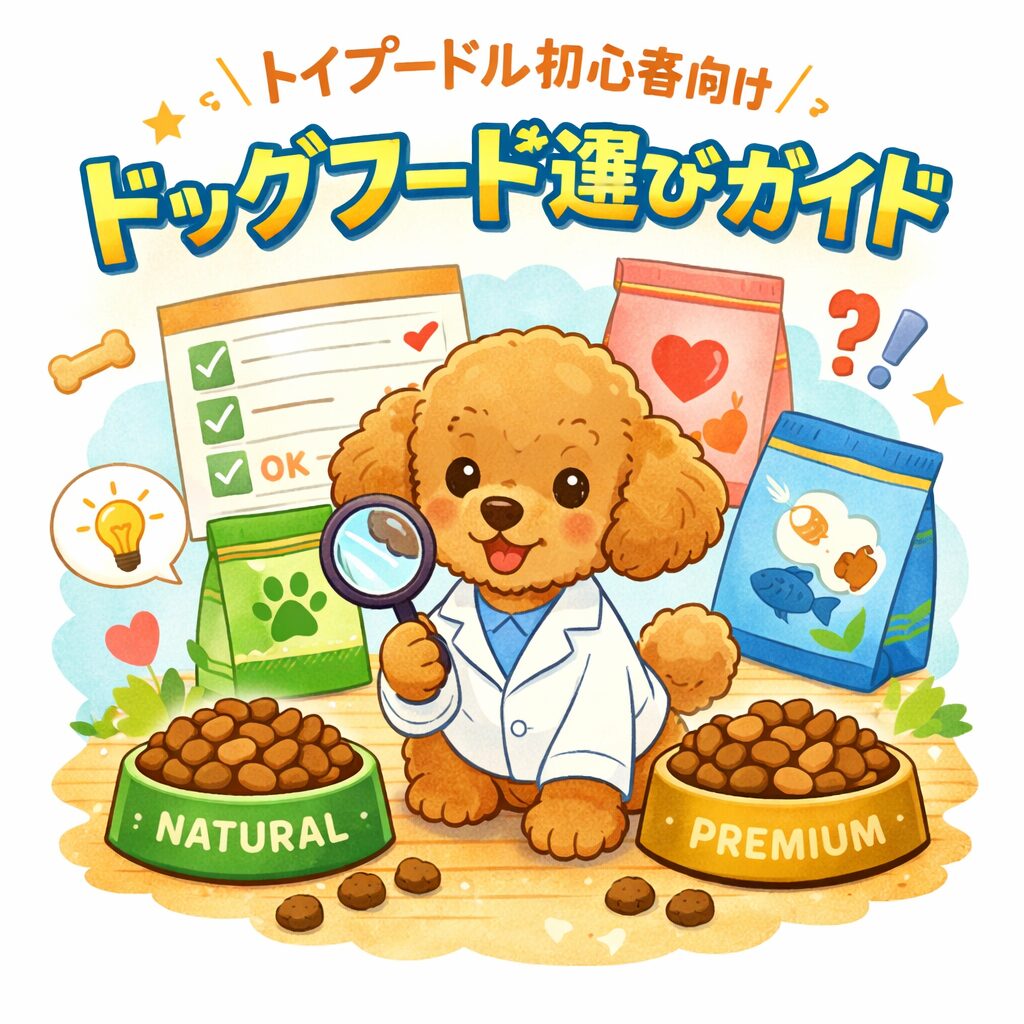 トイプードル研究員がドッグフードを比較しているイラスト