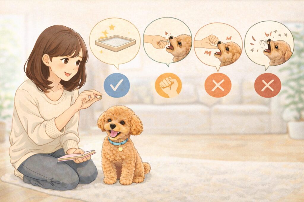 初心者の飼い主がトイプードルにおやつを使って、トイレや甘噛み、吠えのしつけをしているイラスト